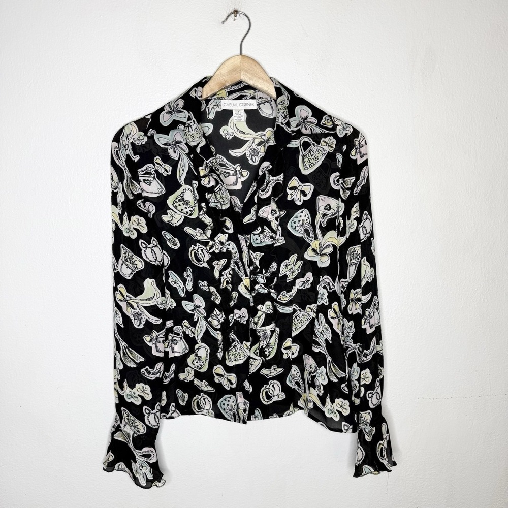 Casual Corner Silk Ruffle Blouse Purse Shoe Print Novelty Women's 8 Black Top